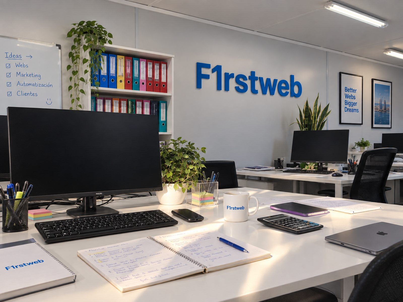 El estudio de F1rstweb: mesas de trabajo, pantallas y el rótulo de la marca en la pared.